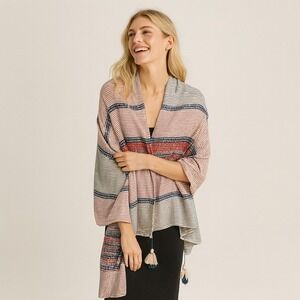 Stella & Dot OS Destination Scarf Jacquard Tassels Wrap Striped Indigo Red White